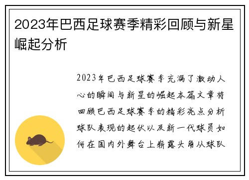 2023年巴西足球赛季精彩回顾与新星崛起分析